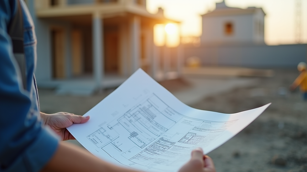Close-up view of a contractor reviewing blueprints on a construction site