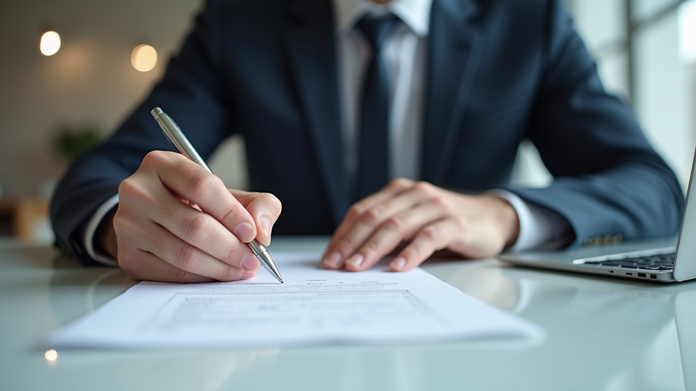 Close-up view of a contractor filling out paperwork at a desk