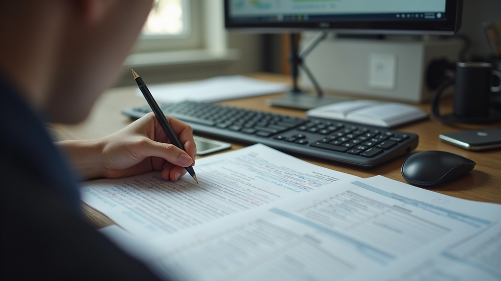 Close-up view of a contractor studying exam materials at a desk