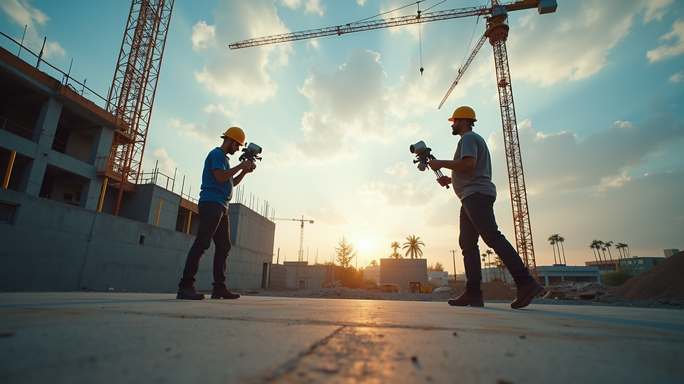 Eye-level view of a construction site with workers using drones for surveying