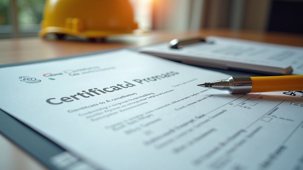 Close-up view of construction certification documents and tools