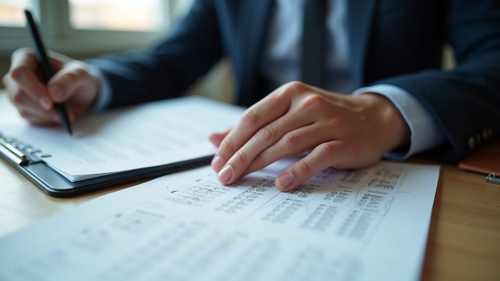 Close-up view of a contractor studying exam materials at a desk