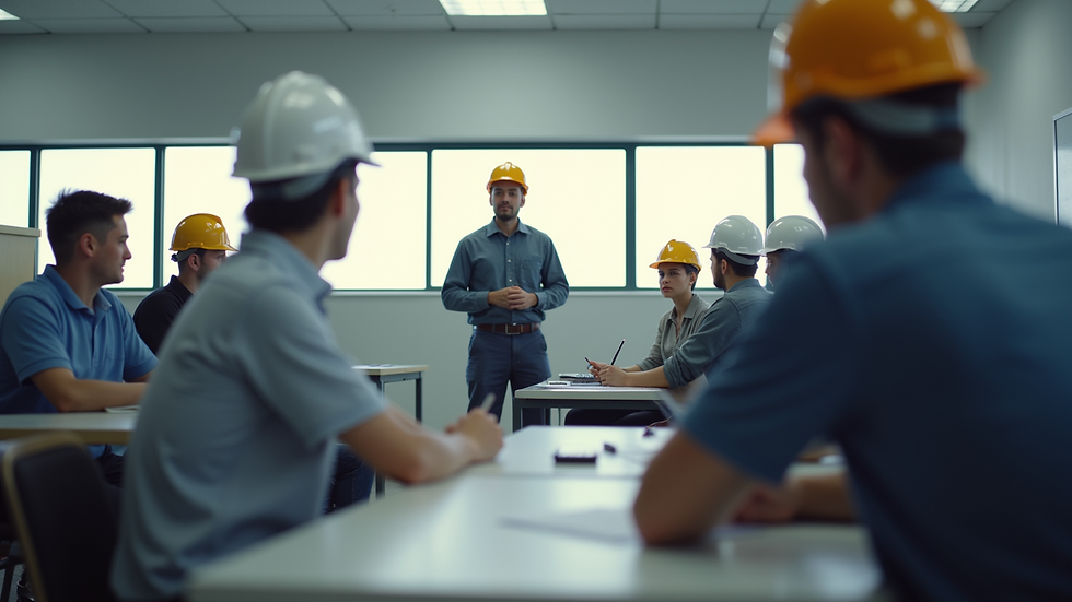 Close-up view of a construction academy classroom with students and instructor