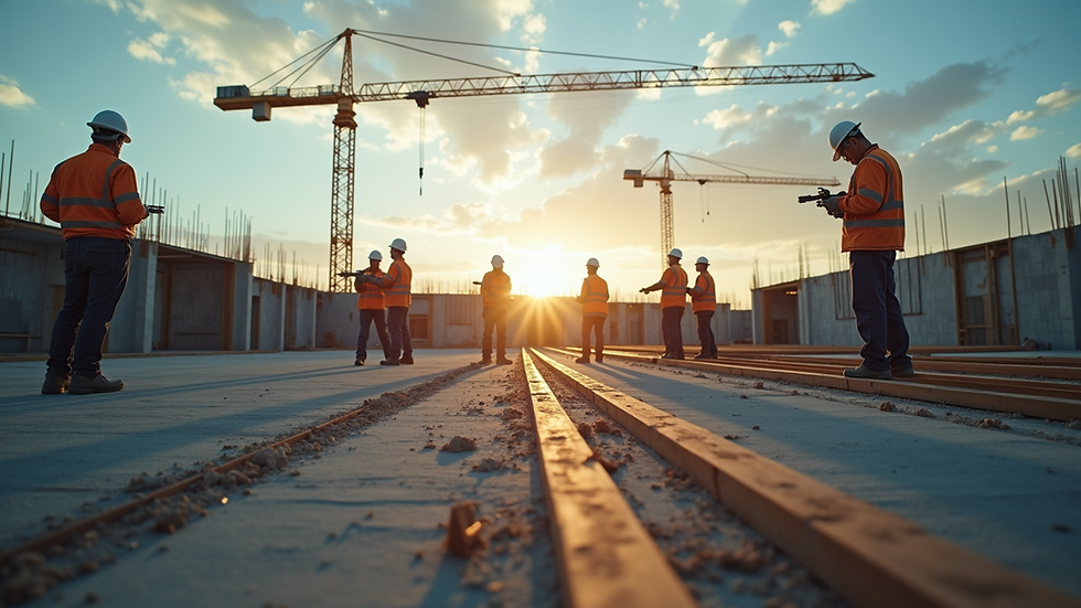 Eye-level view of a construction site with workers using drones