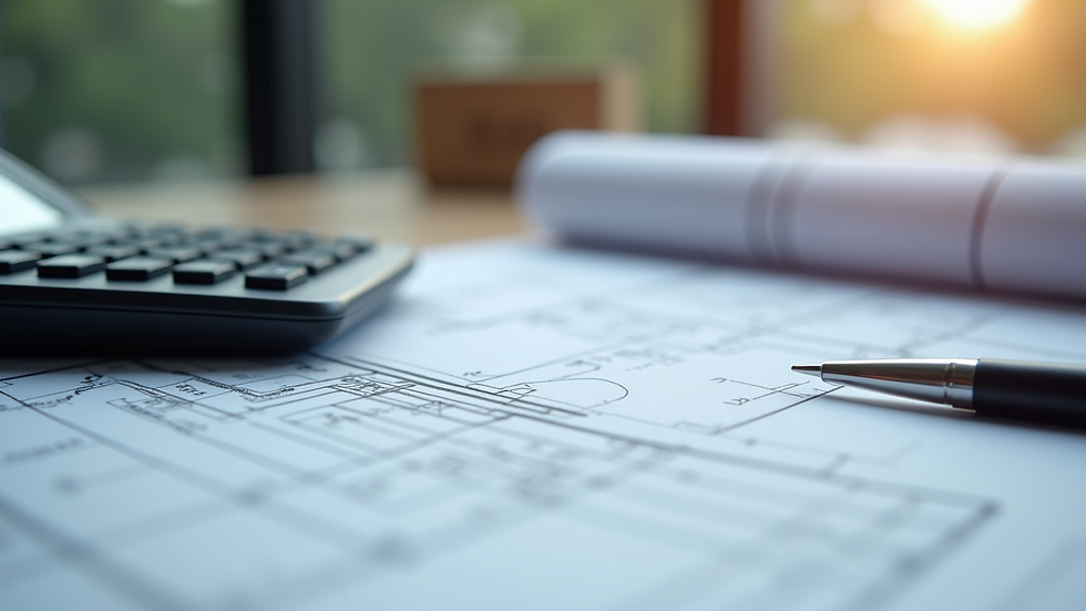 Close-up view of construction blueprints and calculator on a desk