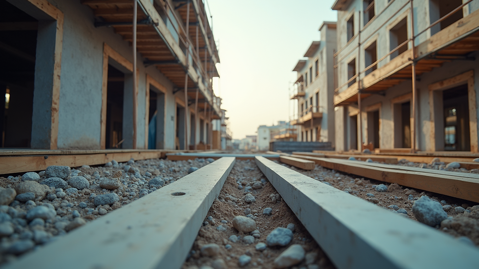 Eye-level view of a construction site with scaffolding and building materials
