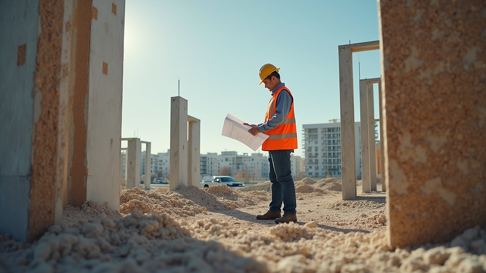 Eye-level view of a construction site with a contractor reviewing blueprints