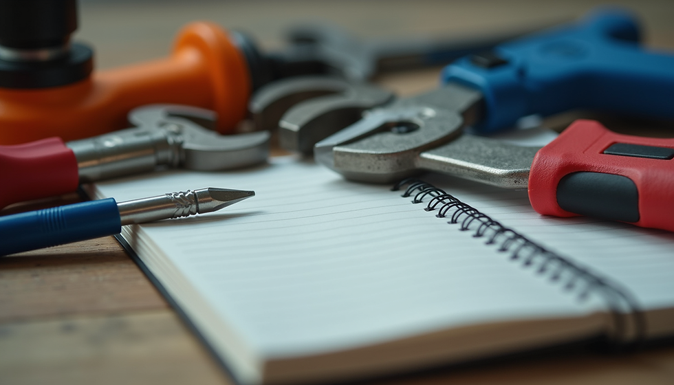 Close-up view of plumbing tools and a notebook with study notes