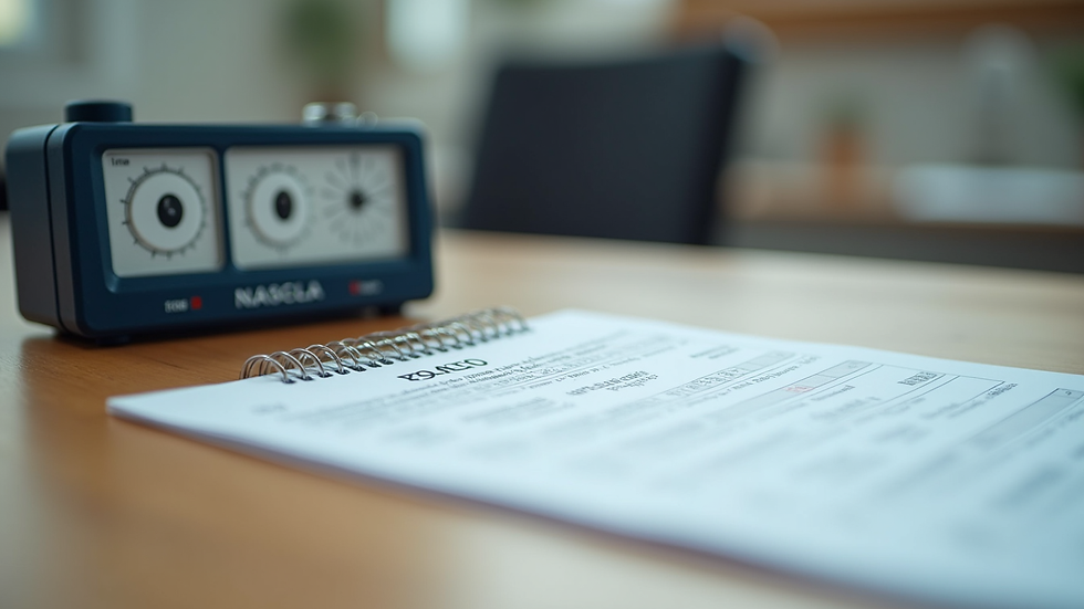 Close-up view of a timer and NASCLA exam booklet on a table