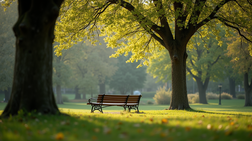 Eye-level view of a serene park with a single bench under a tree