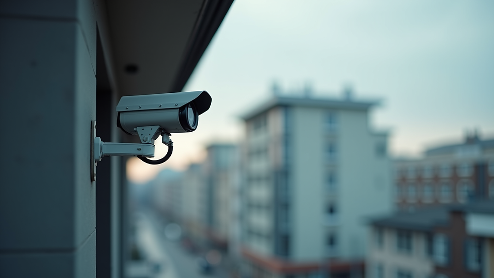 High angle view of a modern surveillance camera mounted on a building