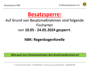 Besatzsperre NBK Regenbogenforelle 10.5 - 24.5.2024