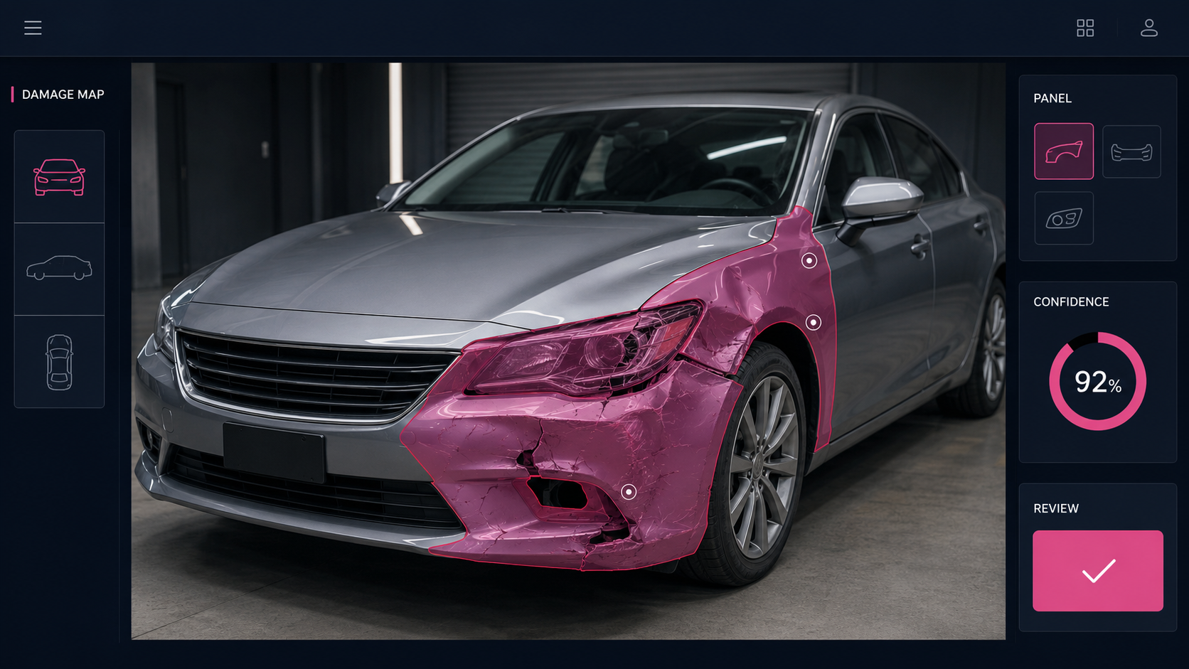 Trueclaim interface showing a precise AI damage mask on affected vehicle panels