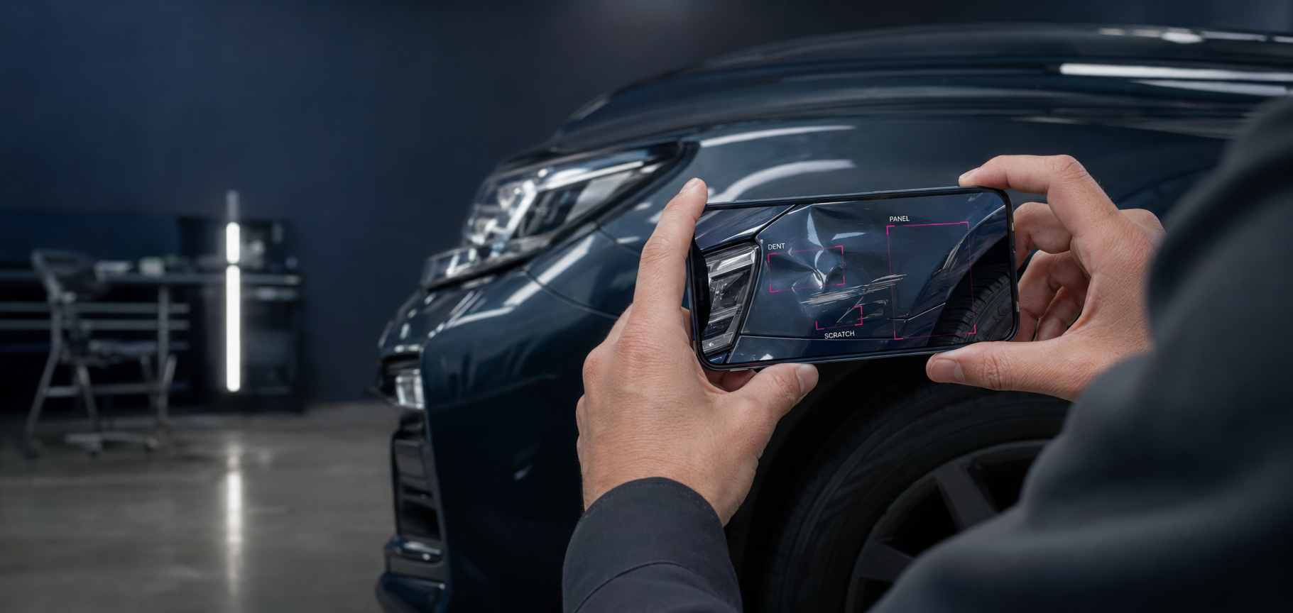 An estimator photographing collision damage with Trueclaim on a phone