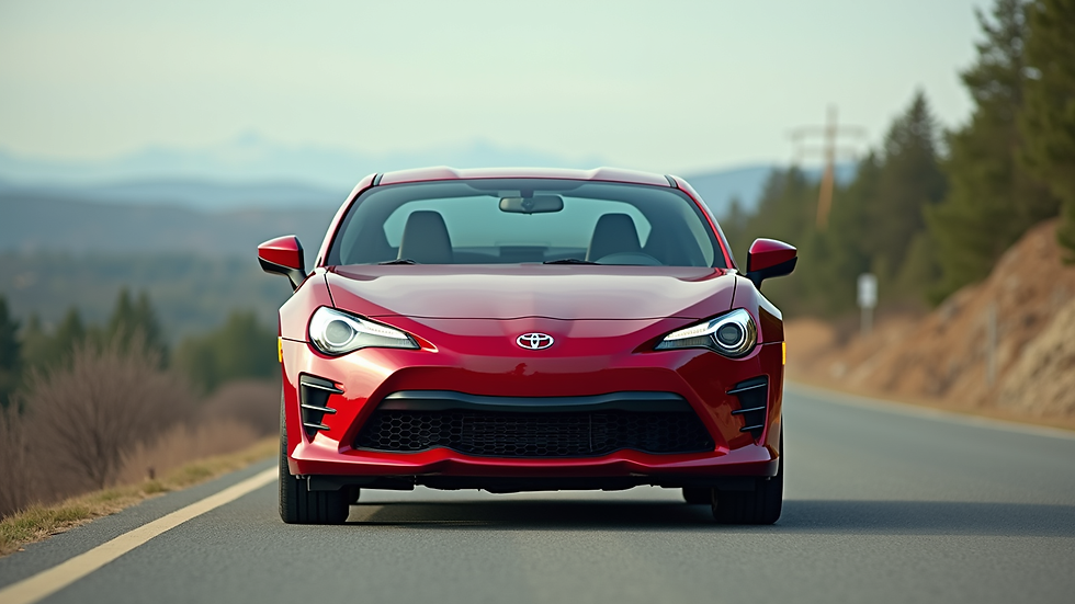 Eye-level view of a shiny new Toyota car parked in a scenic location