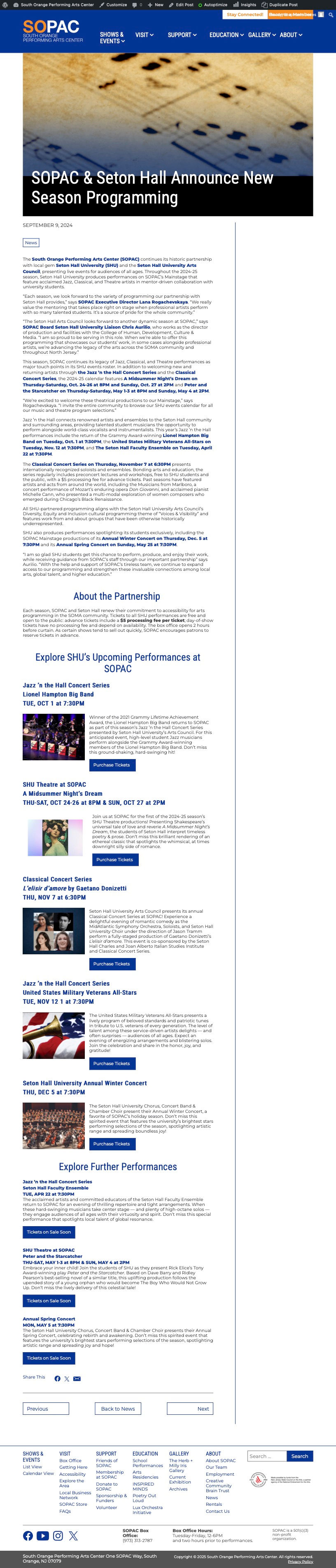 Seton Hall & SOPAC Announce New Season Partnership