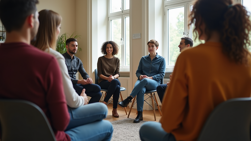 Eye-level view of a diverse group of people sitting in a circle during a support group meeting