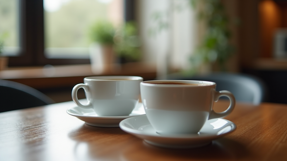 Close-up view of two coffee cups on a table symbolising connection