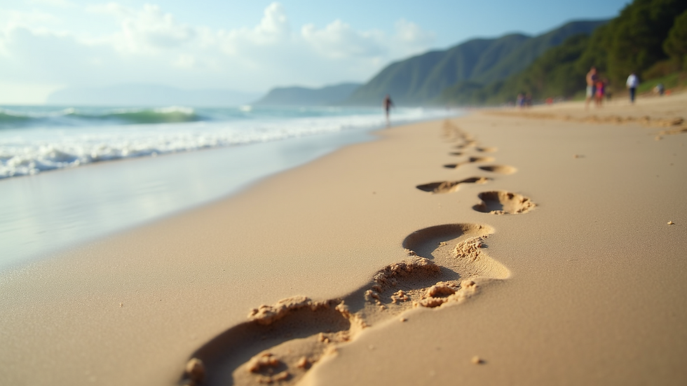 Eye-level view of a quiet beach with footprints in the sand