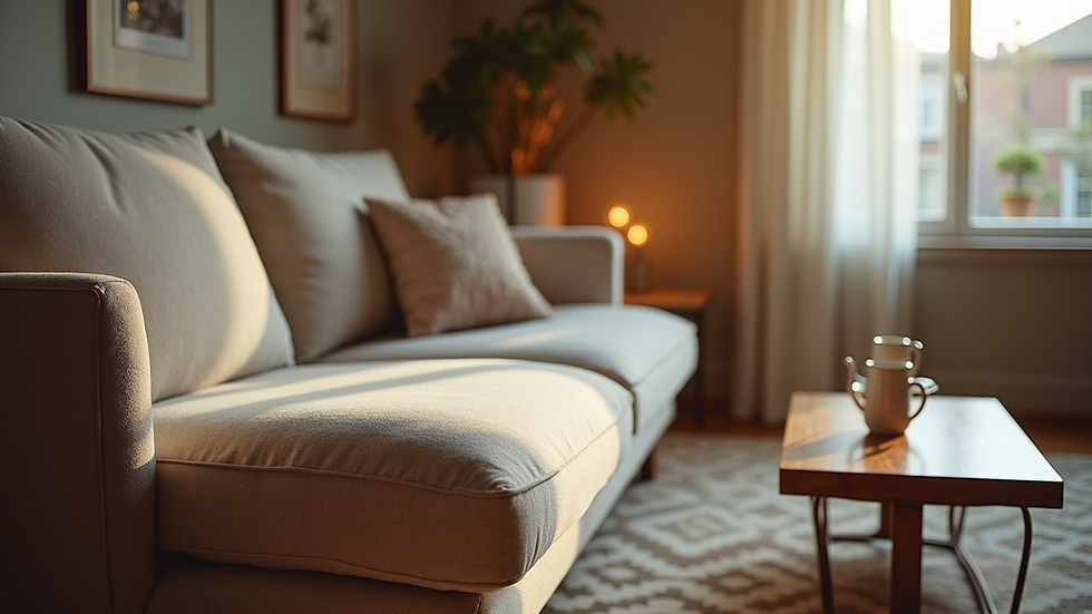 Close-up view of a plush sofa with cozy decor