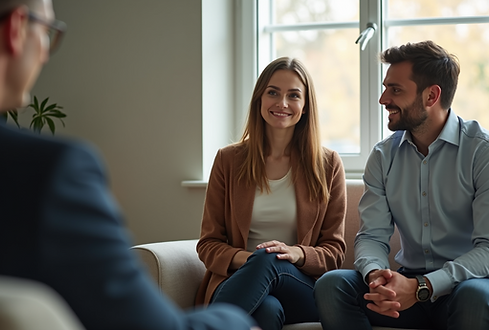 Couple attending a counselling session with a therapist, representing relationship support and guided communication