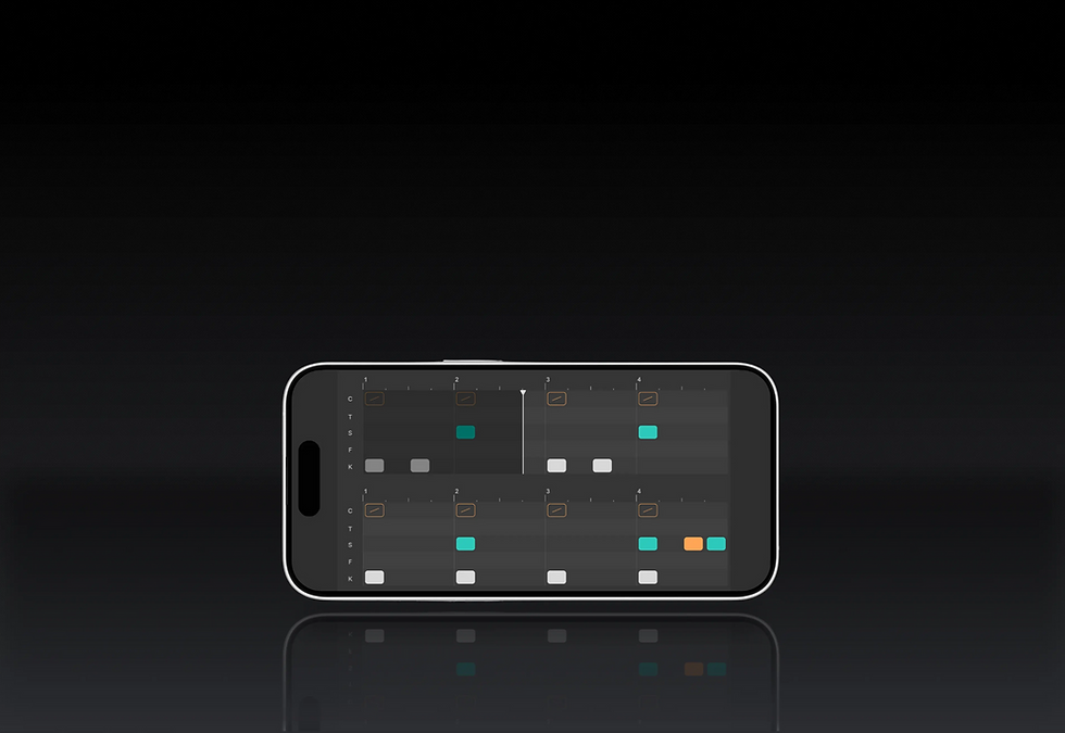 Drumlife Player displayed on a mobile phone showing colour-coded drum tabs with a moving playhead for real-time drum practice and play along.
