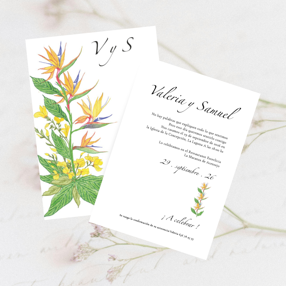 Invitación de boda Ave del paraíso y Retama ilustrada a mano con acuarelas