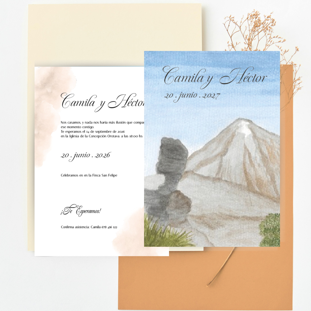 Invitación de boda Teide, ilustración en acuarela