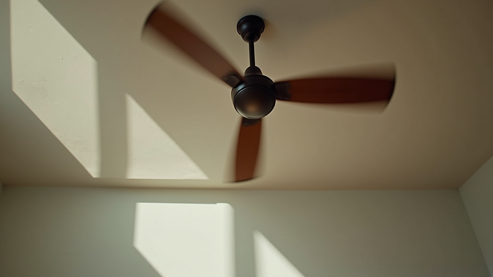 High angle view of a stylish ceiling fan spinning slowly