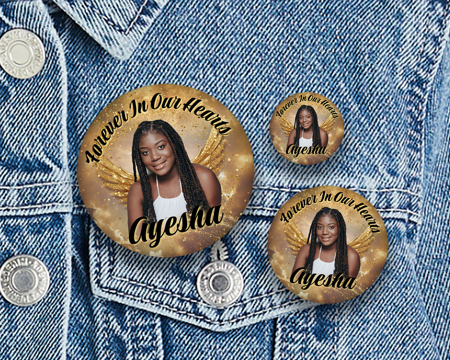 Memorial Button Custom Pin | In Loving Memory Gold Wings