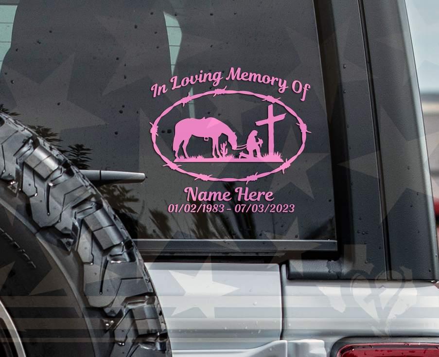 In Loving Memory Kneeling Cowgirl at Cross Memorial Vinyl Decal