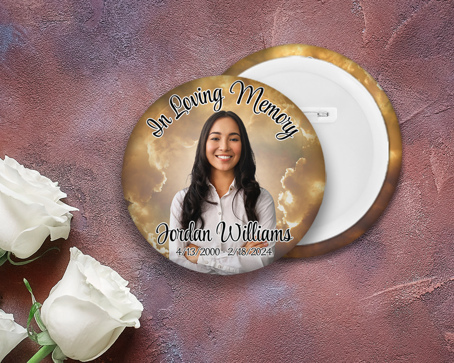 Memorial Button Custom Pin | In Loving Memory Gold Clouds