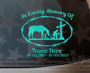 In Loving Memory Kneeling Cowboy at Cross Memorial Vinyl Decal
