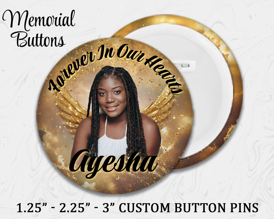 Memorial Button Custom Pin | In Loving Memory Gold Wings
