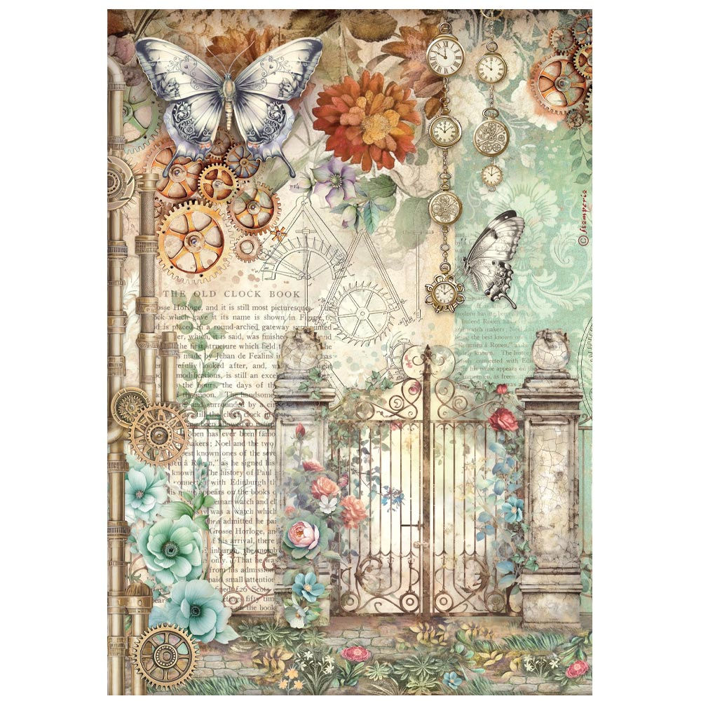 STAMPERIA PAPEL DE ARROZ A4  - Gardens of Time gate and butterfly