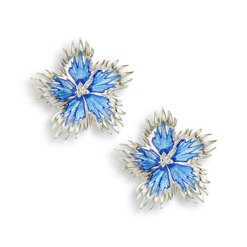 Sterling Silver Blue Rock Flower Stud Earrings. White Sapphire.