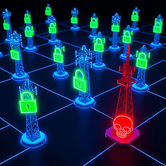 a network topology of blue neon cellular towers with neon green locks on them to show they