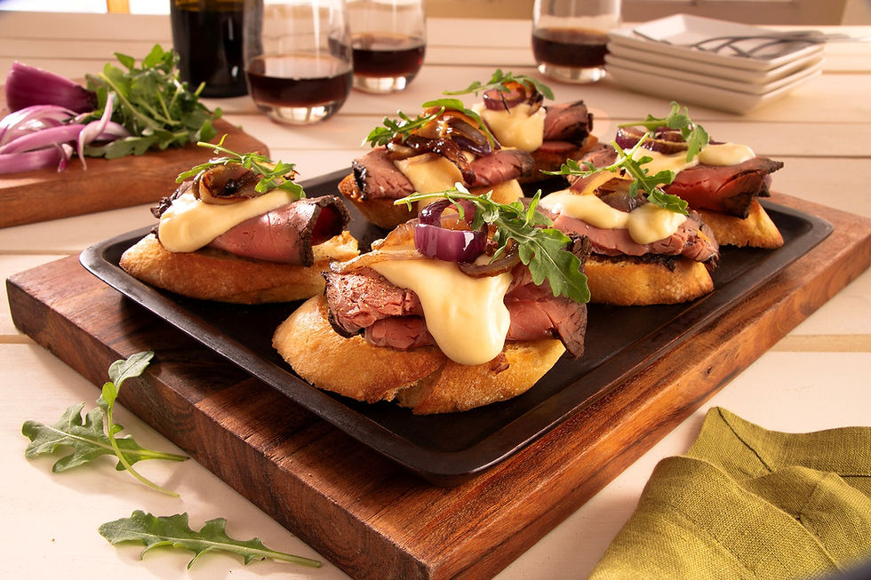 Beef Crostini with Horseradish Cheese Spread & Caramelized Onion Appetizer