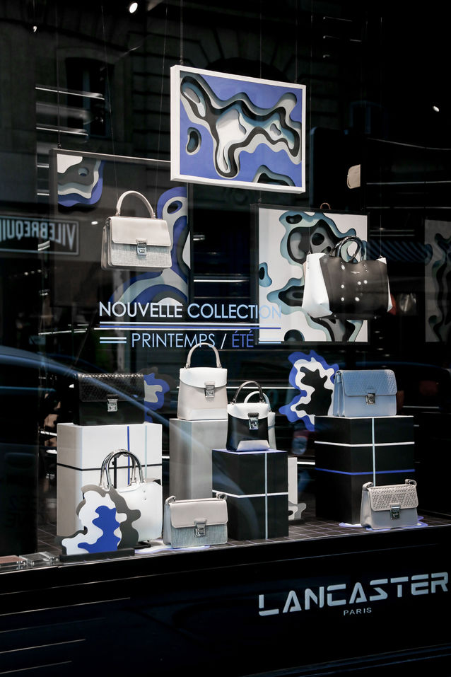 Vitrine, Merchandising, Visual Merchandiser, Décors, Scénographie, Boutique, Concept Store, retail, Lancaster, Luxe, Maroquinerie, Paris
