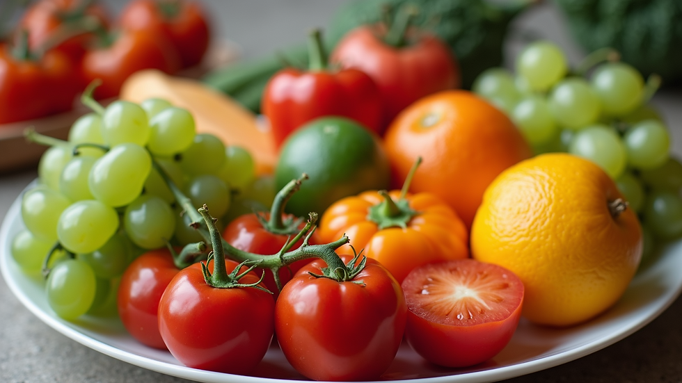 Close-up view of a colorful plate filled with fresh fruits and vegetables