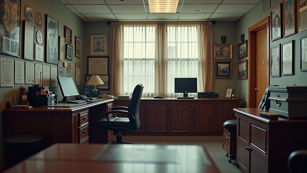 Eye-level view of a veteran-owned small business office with military memorabilia and government contracts displayed