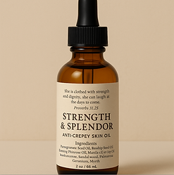 Strength & Splendor Anti-Crepey Skin Oil is a biblically inspired, restorative blend designed to nourish and strengthen delicate, thinning skin. Rooted in the truth of Proverbs 31:25, “She is clothed with strength and dignity; she can laugh at the days to come” , this formula pairs nature’s most powerful firming oils with essential oils known for renewal and resilience. Crafted for the neck, chest, arms, and under eyes, it works to restore elasticity, smooth texture, and bring a radiant, confident glow to skin that tells your story.