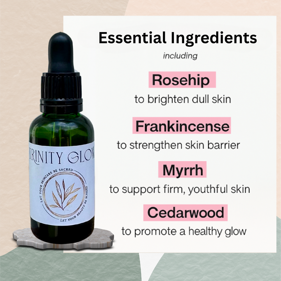 Eye-level view of a serene skincare routine setup with Trinity Glow serum and mist