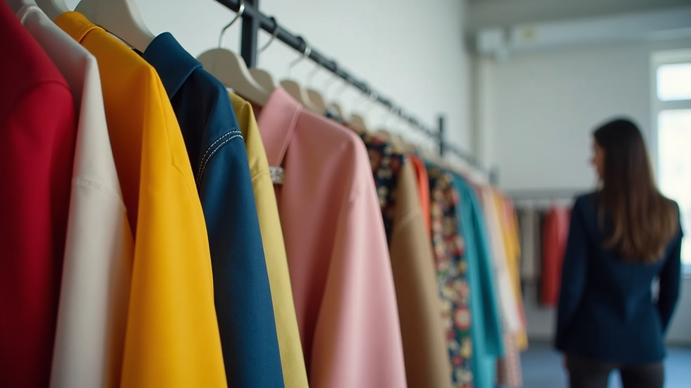 Eye-level view of a colorful attire rail in a fashion studio