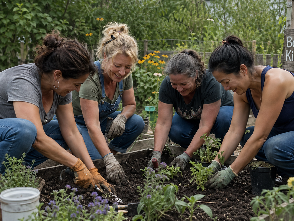 women digging in the dirt, gardening together, planting seeds for their flourishing lives