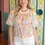 Thumbnail: Floral Embroidered Print Bubble Sleeve Top