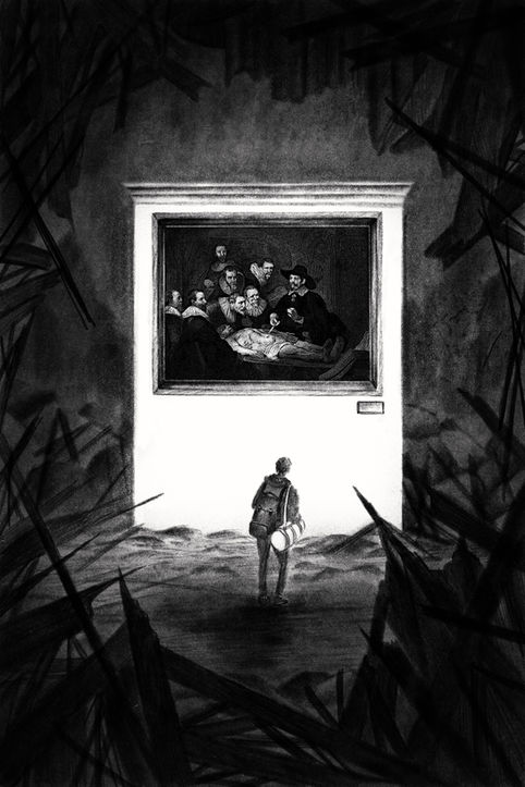 Series of interior illustrations for "The Goldfinch" by Donna Tartt, dark moody vintage dark academia b&w special edition illustration for adult fiction novel