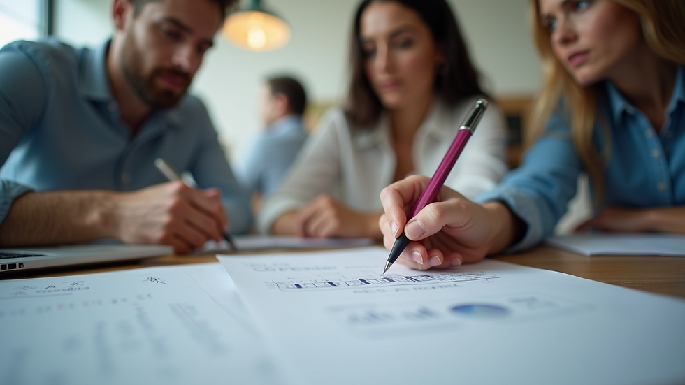 Close-up view of a marketing team brainstorming with laptops and notes