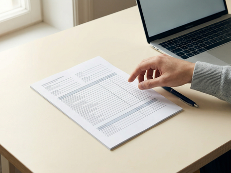 Estate agent marketing strategy document open on a clean desk beside a laptop, hand reaching toward the page, soft window light