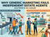 "A side-by-side infographic comparing generic and sector-specific marketing for estate agents. The left shows a robotic assembly line of generic content resulting in low leads, while the right shows agents delivering tailored market insights that drive valuation requests."